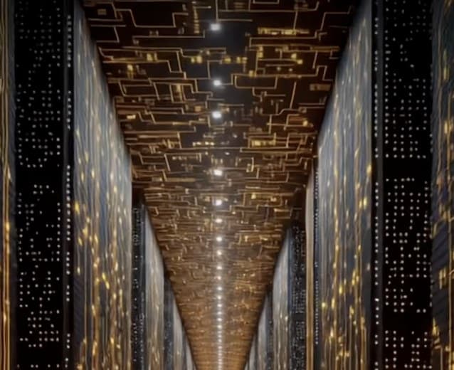 A golden datacenter corridor — rows of glowing server racks, the vaults of tokenized money.