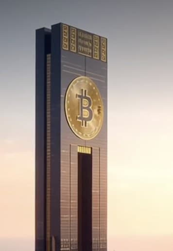 A monumental tower bearing a currency emblem against a city skyline — banking's marble-column era, restated in glass.